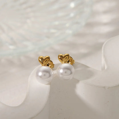 1 Pair IG Style French Style Commute Heart Shape Inlay 304 Stainless Steel Artificial Pearls 14K Gold Plated Ear Studs