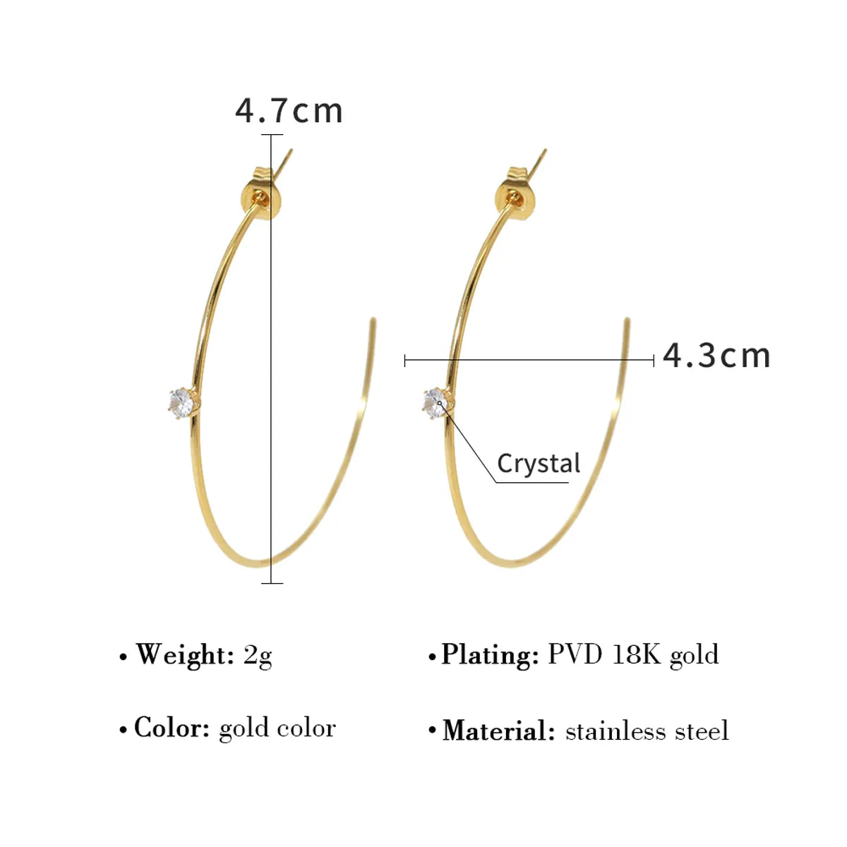 1 Pair Ig Style French Style Korean Style C Shape Plating Inlay Stainless Steel Titanium Steel Crystal 18k Gold Plated Ear Studs