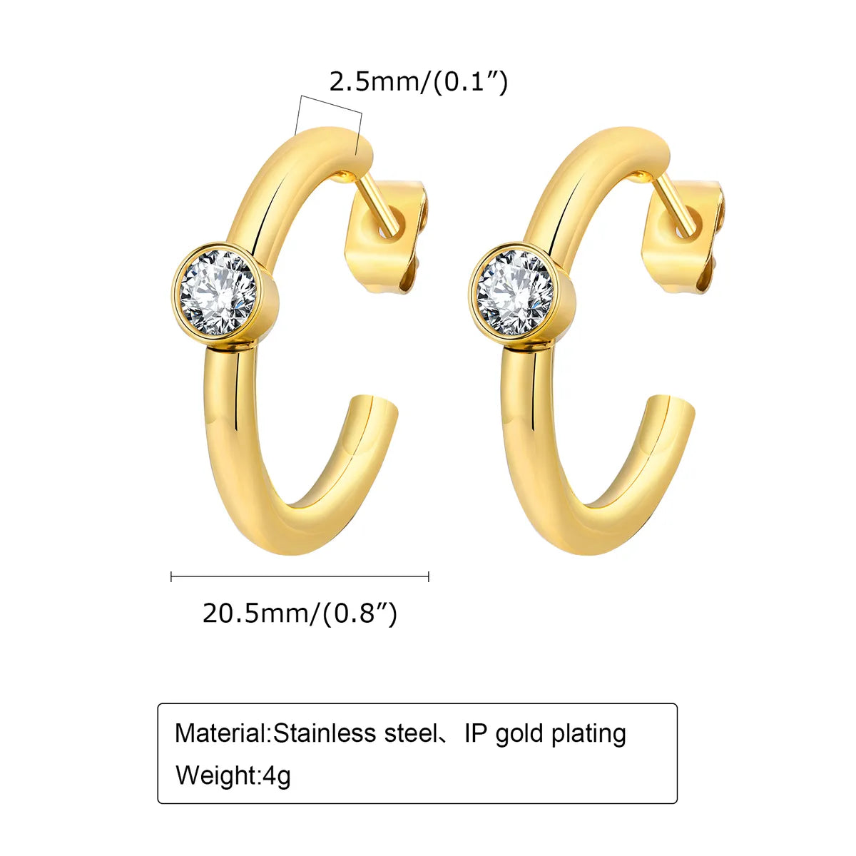 1 Pair Ig Style French Style Simple Style Solid Color Plating Inlay Stainless Steel Zircon 18k Gold Plated Earrings