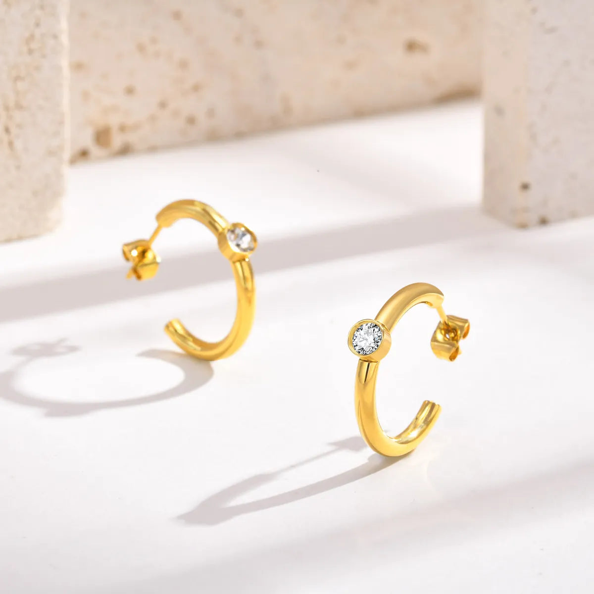 1 Pair Ig Style French Style Simple Style Solid Color Plating Inlay Stainless Steel Zircon 18k Gold Plated Earrings