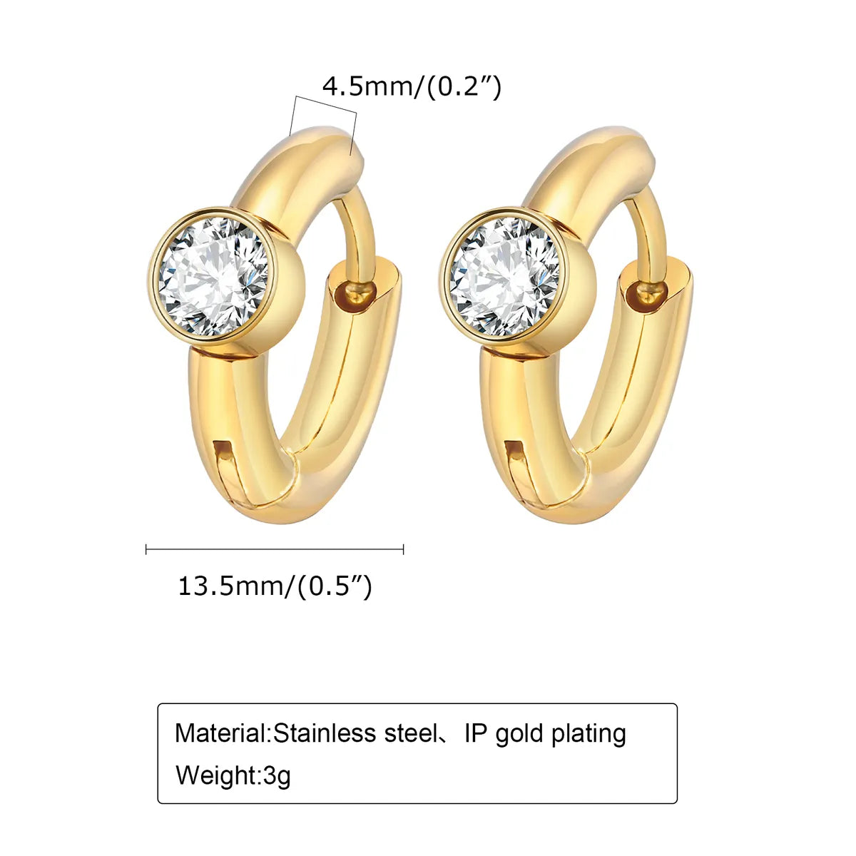 1 Pair Ig Style French Style Simple Style Solid Color Plating Inlay Stainless Steel Zircon 18k Gold Plated Earrings