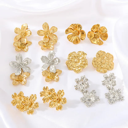 1 Pair IG Style French Style Sweet Flower Petal 304 Stainless Steel 18K Gold Plated White Gold Plated Ear Studs