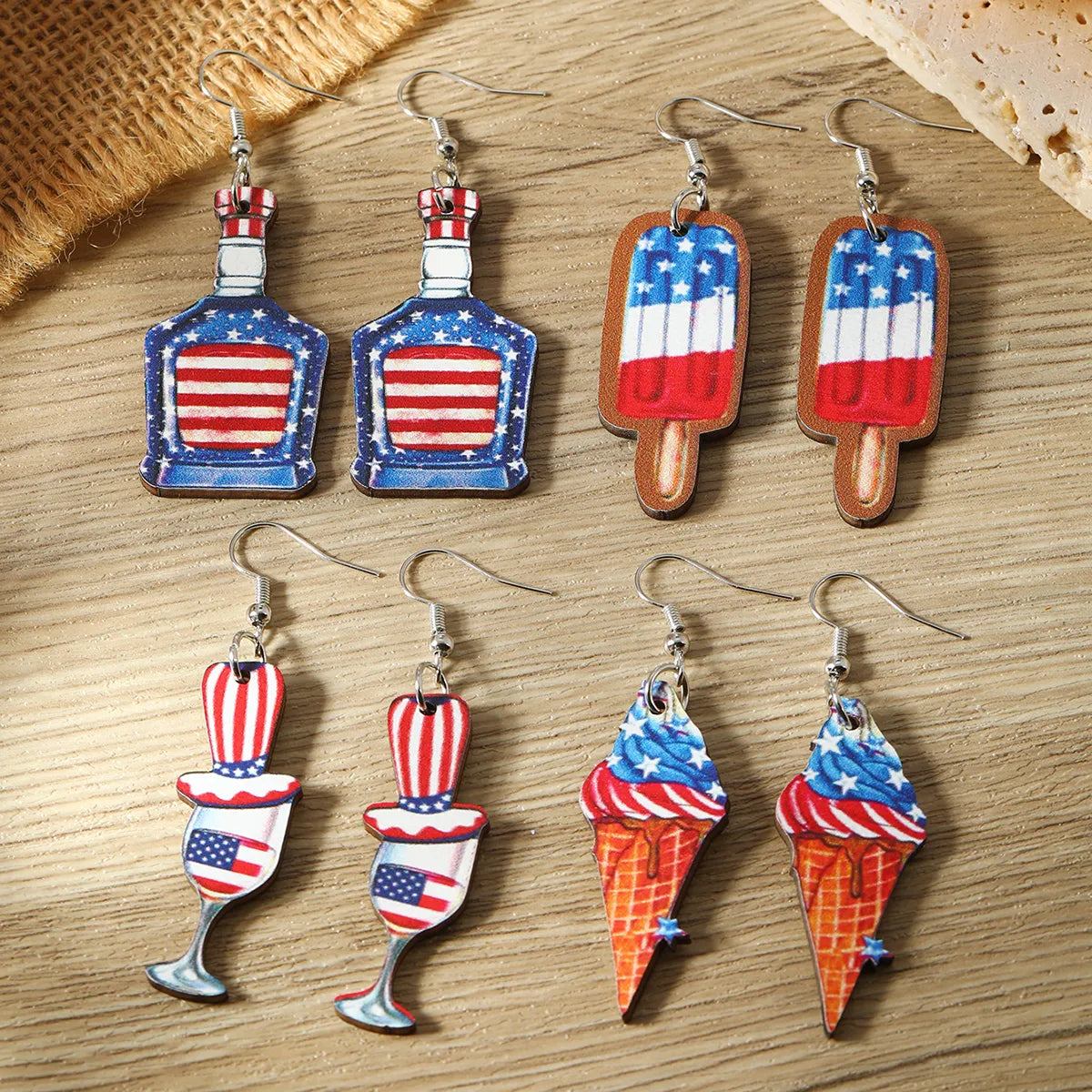 1 Pair IG Style Funny Novelty Ice Cream American Flag Wine Bottle Tassel Wood Drop Earrings