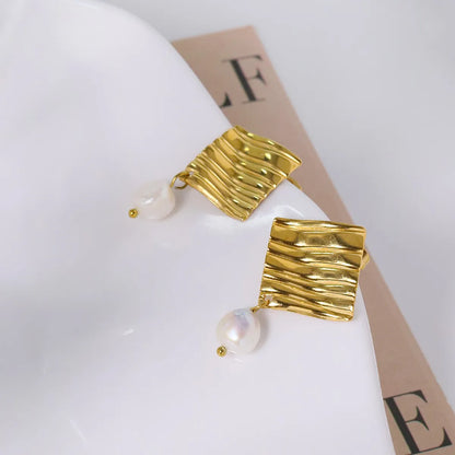 1 Pair IG Style Geometric Plating Inlay 304 Stainless Steel Pearl 18K Gold Plated Drop Earrings