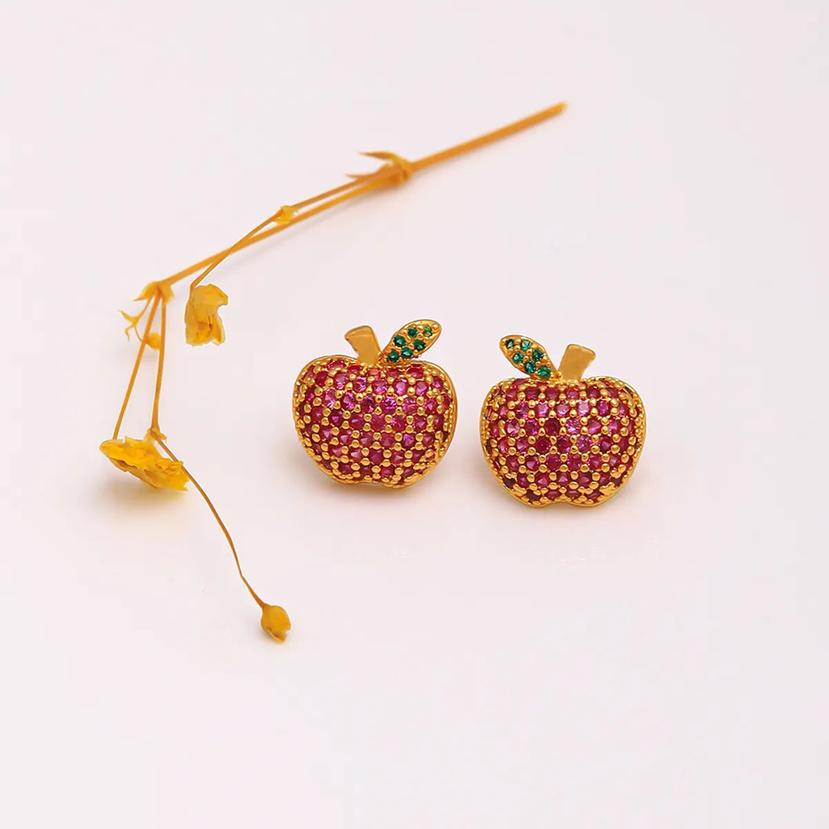 1 Pair IG Style Heart Shape Apple Plating Inlay Artificial Gemstones Copper Zircon 18K Gold Plated Ear Studs