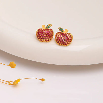 1 Pair IG Style Heart Shape Apple Plating Inlay Artificial Gemstones Copper Zircon 18K Gold Plated Ear Studs