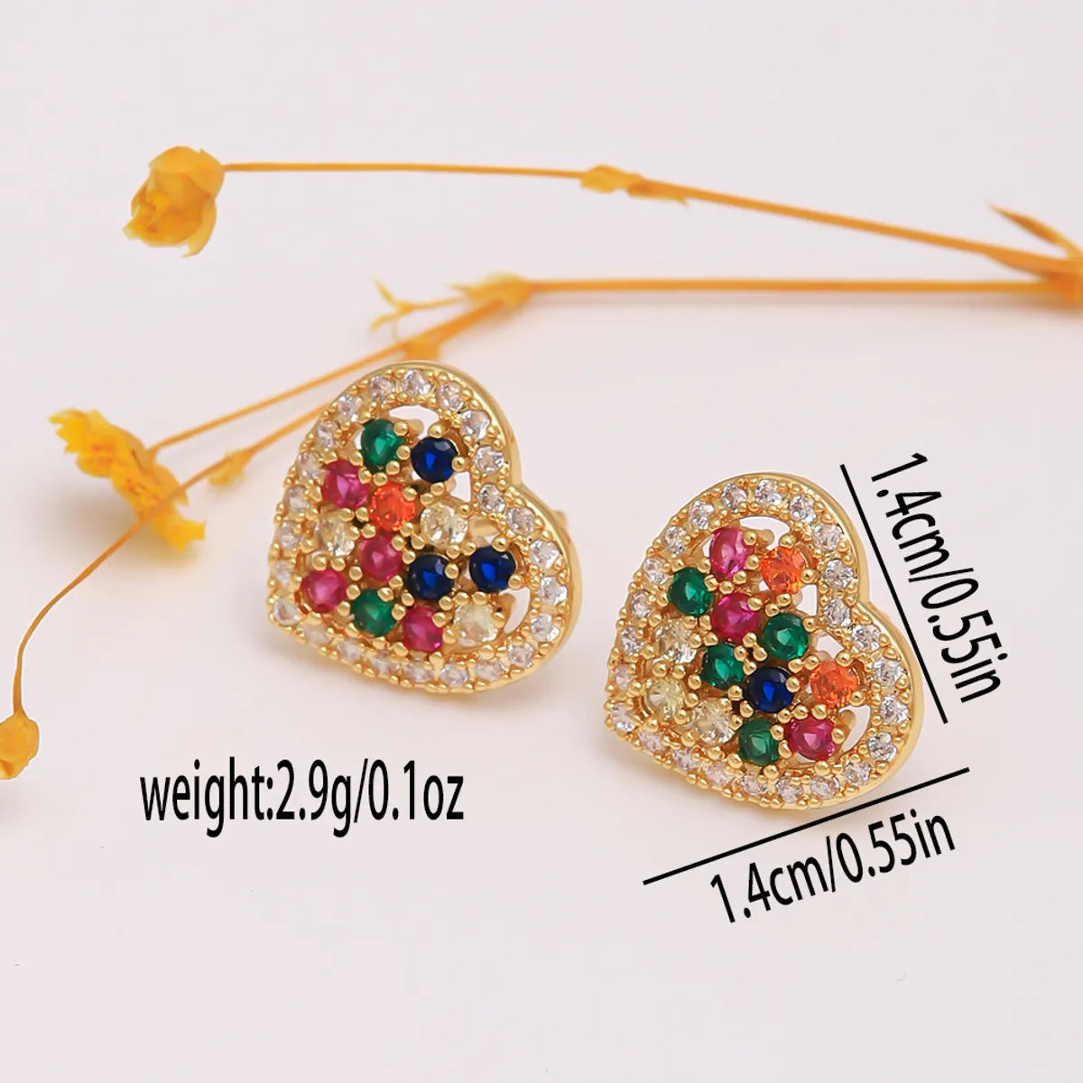 1 Pair IG Style Heart Shape Apple Plating Inlay Artificial Gemstones Copper Zircon 18K Gold Plated Ear Studs