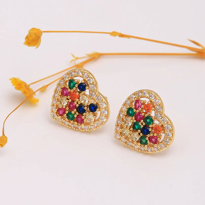 1 Pair IG Style Heart Shape Apple Plating Inlay Artificial Gemstones Copper Zircon 18K Gold Plated Ear Studs