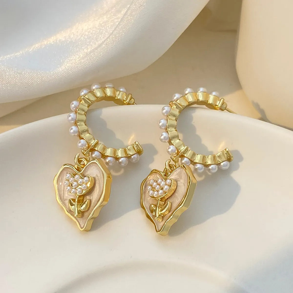 1 Pair Ig Style Heart Shape Flower Plating Inlay Alloy Artificial Pearls 14k Gold Plated Drop Earrings