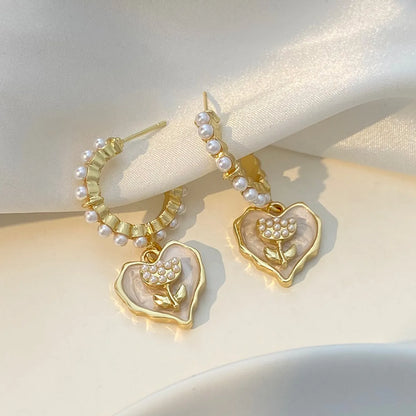 1 Pair Ig Style Heart Shape Flower Plating Inlay Alloy Artificial Pearls 14k Gold Plated Drop Earrings