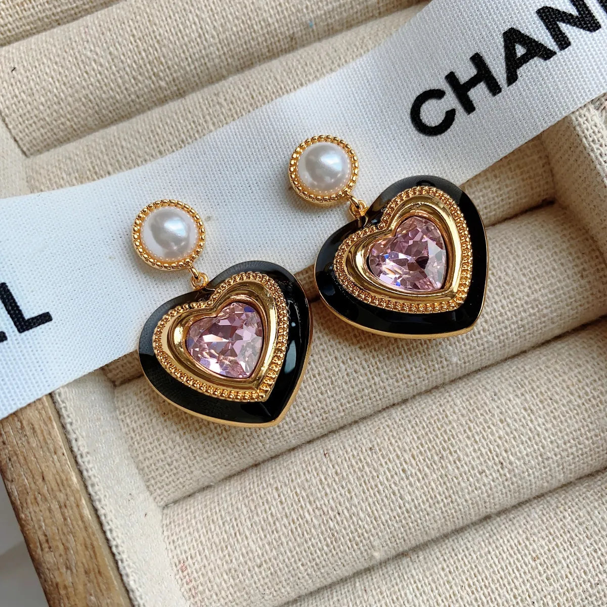 1 Pair Ig Style Heart Shape Plating Inlay Copper Rhinestones Drop Earrings