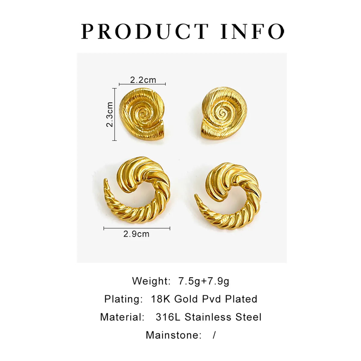 1 Pair IG Style Hip-Hop Roman Style Geometric Oval Conch 316L Stainless Steel  18K Gold Plated Ear Studs