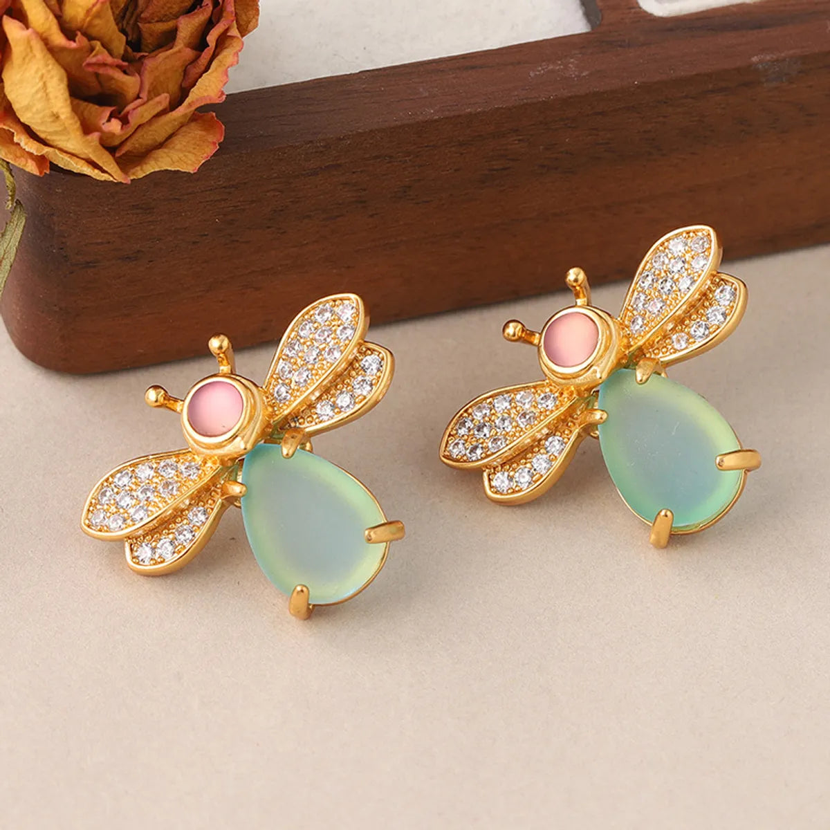 1 Pair Ig Style Insect Bee Plating Inlay Copper Glass Zircon Ear Studs