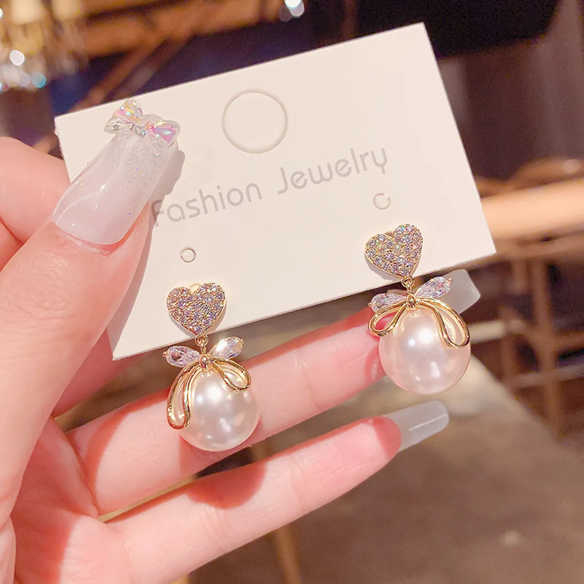 1 Pair Ig Style Korean Style Heart Shape Bow Knot Plating Inlay Imitation Pearl Alloy Zircon Drop Earrings