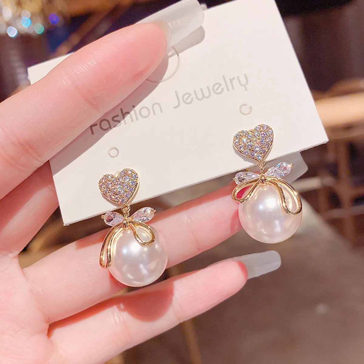 1 Pair Ig Style Korean Style Heart Shape Bow Knot Plating Inlay Imitation Pearl Alloy Zircon Drop Earrings