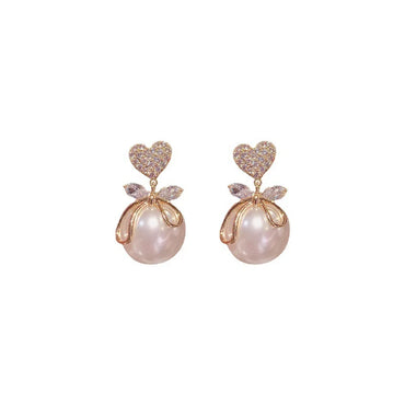 1 Pair Ig Style Korean Style Heart Shape Bow Knot Plating Inlay Imitation Pearl Alloy Zircon Drop Earrings