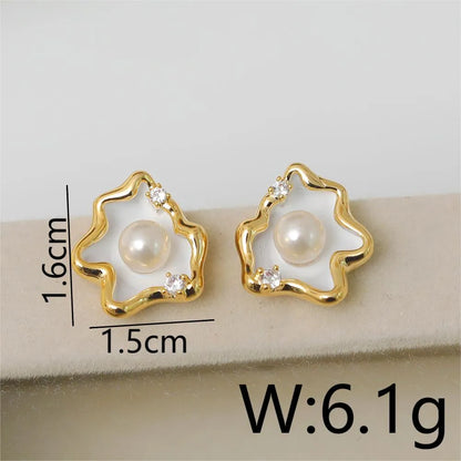 1 Pair IG Style Lady Classic Style Irregular Clouds Enamel Inlay Copper Freshwater Pearl Zircon 18K Gold Plated Ear Studs