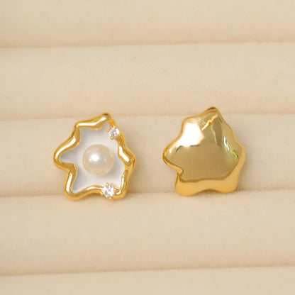 1 Pair IG Style Lady Classic Style Irregular Clouds Enamel Inlay Copper Freshwater Pearl Zircon 18K Gold Plated Ear Studs