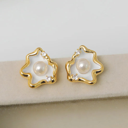 1 Pair IG Style Lady Classic Style Irregular Clouds Enamel Inlay Copper Freshwater Pearl Zircon 18K Gold Plated Ear Studs