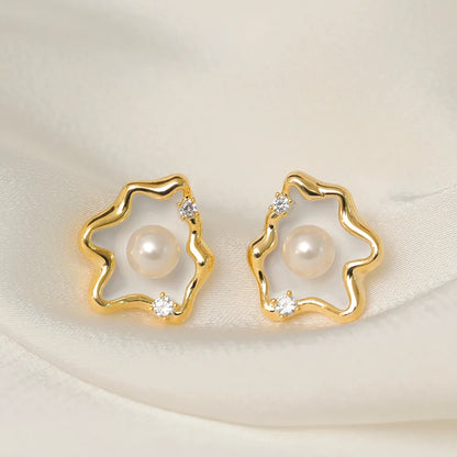 1 Pair IG Style Lady Classic Style Irregular Clouds Enamel Inlay Copper Freshwater Pearl Zircon 18K Gold Plated Ear Studs