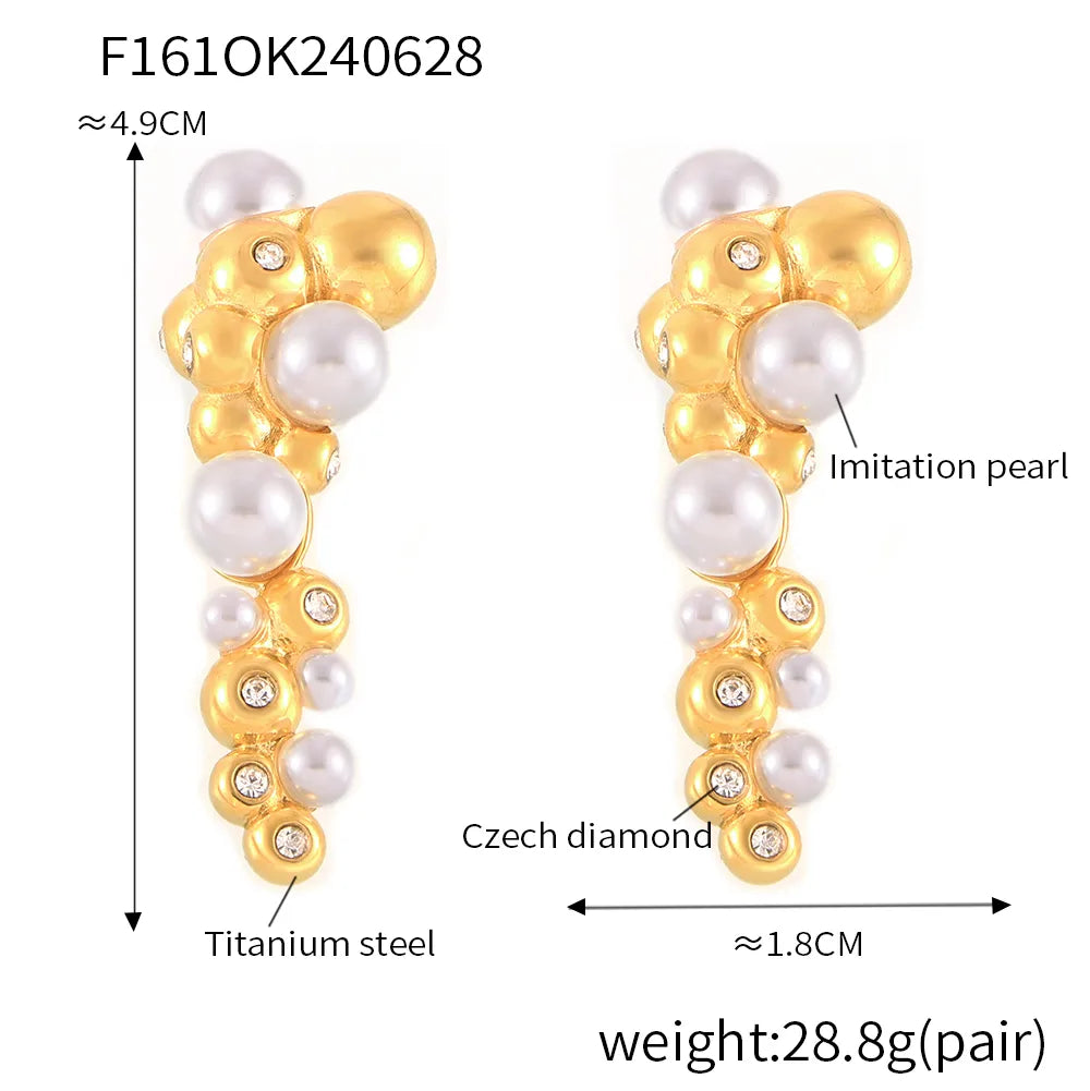 1 Pair IG Style Lady French Style Geometric Round Patchwork Plating Inlay 304 Stainless Steel Artificial Pearls Rhinestones 18K Gold Plated Ear Studs