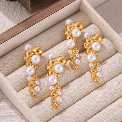 1 Pair IG Style Lady French Style Geometric Round Patchwork Plating Inlay 304 Stainless Steel Artificial Pearls Rhinestones 18K Gold Plated Ear Studs