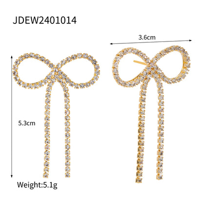 1 Pair IG Style Lady Modern Style Bow Knot Inlay 304 Stainless Steel Rhinestones 18K Gold Plated Drop Earrings