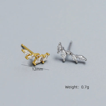 1 Pair Ig Style Leaf Plating Sterling Silver Zircon Ear Studs