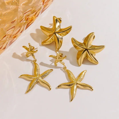 1 Pair IG Style Marine Style Tropical Starfish Polishing Inlay 304 Stainless Steel Zircon 14K Gold Plated Drop Earrings Ear Studs