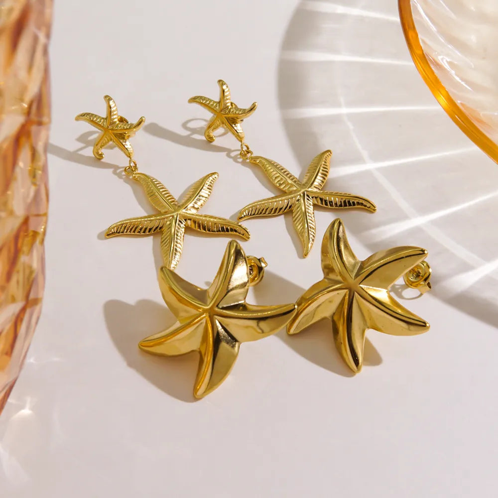 1 Pair IG Style Marine Style Tropical Starfish Polishing Inlay 304 Stainless Steel Zircon 14K Gold Plated Drop Earrings Ear Studs