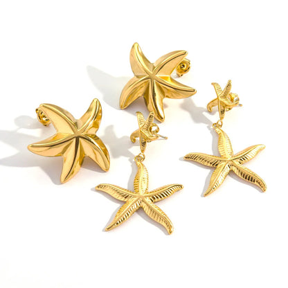 1 Pair IG Style Marine Style Tropical Starfish Polishing Inlay 304 Stainless Steel Zircon 14K Gold Plated Drop Earrings Ear Studs