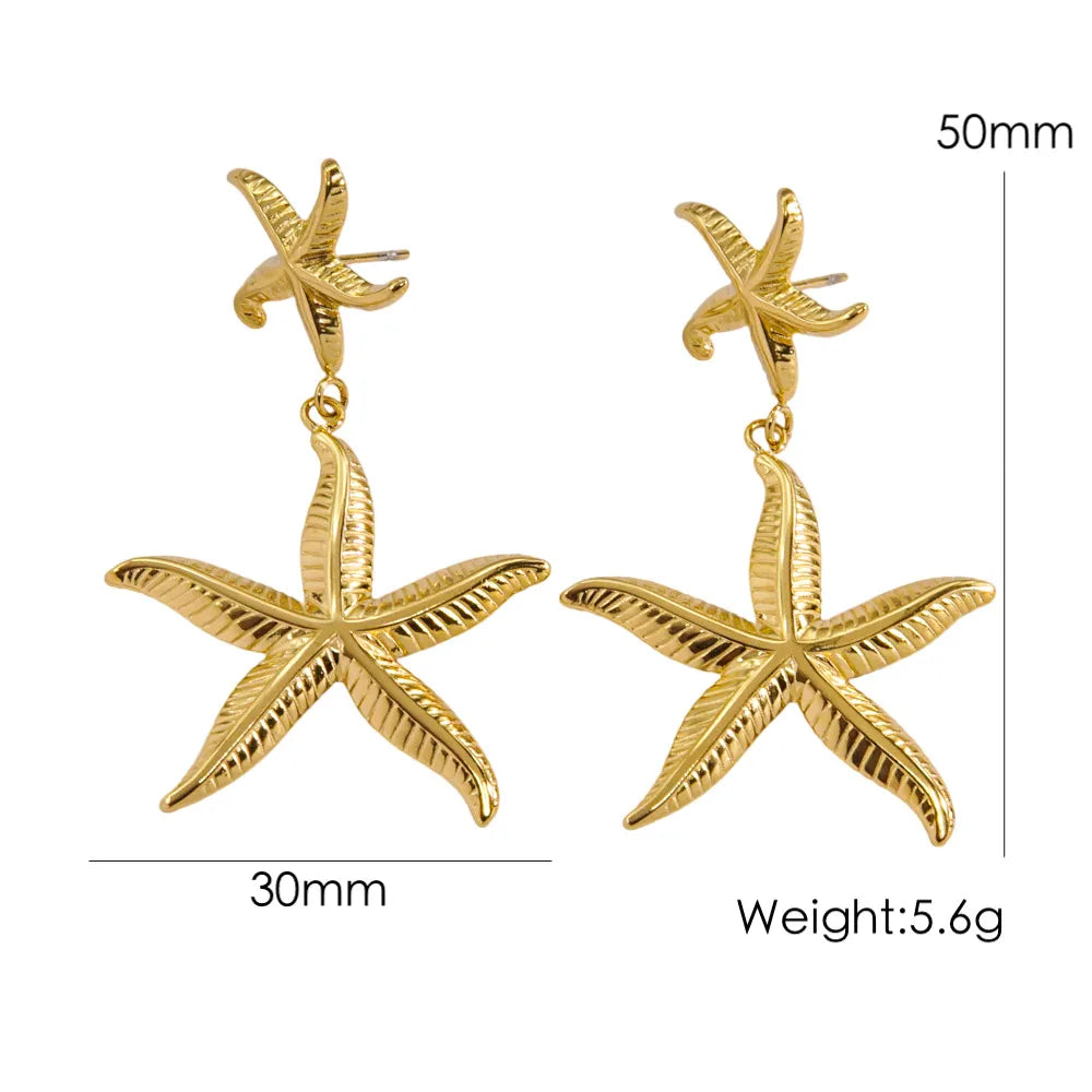 1 Pair IG Style Marine Style Tropical Starfish Polishing Inlay 304 Stainless Steel Zircon 14K Gold Plated Drop Earrings Ear Studs