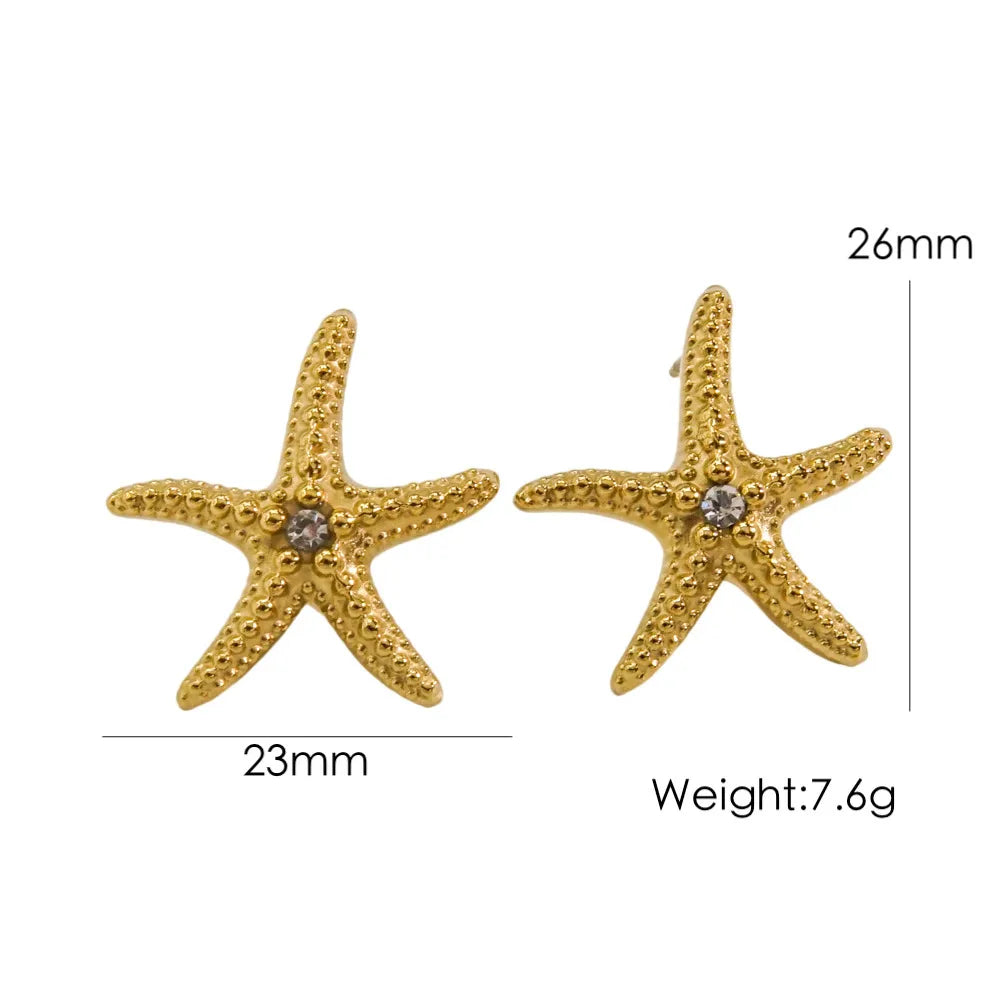 1 Pair IG Style Marine Style Tropical Starfish Polishing Inlay 304 Stainless Steel Zircon 14K Gold Plated Drop Earrings Ear Studs