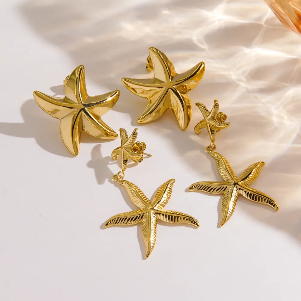 1 Pair IG Style Marine Style Tropical Starfish Polishing Inlay 304 Stainless Steel Zircon 14K Gold Plated Drop Earrings Ear Studs