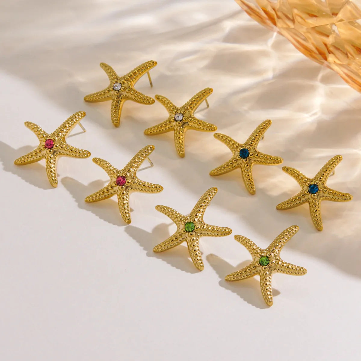 1 Pair IG Style Marine Style Tropical Starfish Polishing Plating Inlay 304 Stainless Steel Rhinestones 14K Gold Plated Ear Studs