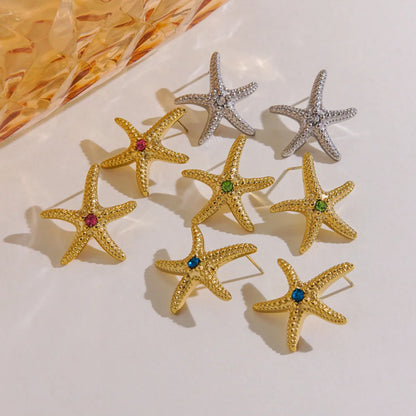 1 Pair IG Style Marine Style Tropical Starfish Polishing Plating Inlay 304 Stainless Steel Rhinestones 14K Gold Plated Ear Studs