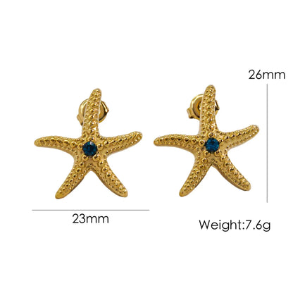 1 Pair IG Style Marine Style Tropical Starfish Polishing Plating Inlay 304 Stainless Steel Rhinestones 14K Gold Plated Ear Studs