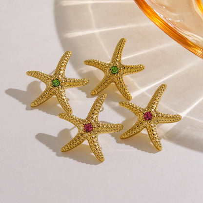 1 Pair IG Style Marine Style Tropical Starfish Polishing Plating Inlay 304 Stainless Steel Rhinestones 14K Gold Plated Ear Studs