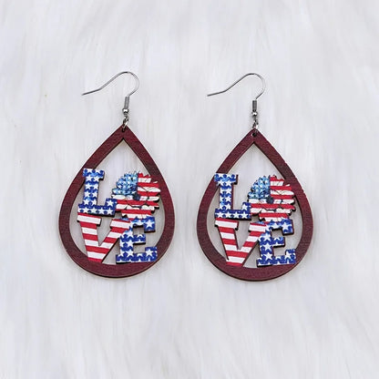 1 Pair IG Style Modern Style Letter Water Droplets American Flag Wood Drop Earrings