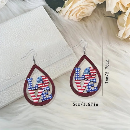 1 Pair IG Style Modern Style Letter Water Droplets American Flag Wood Drop Earrings