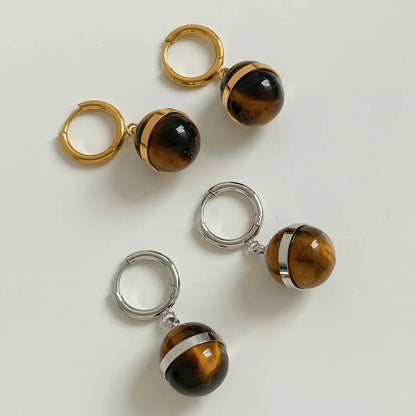 1 Pair IG Style Modern Style Round Plating Inlay 304 Stainless Steel Tiger Eye 16K Gold Plated White Gold Plated Gold Plated Drop Earrings