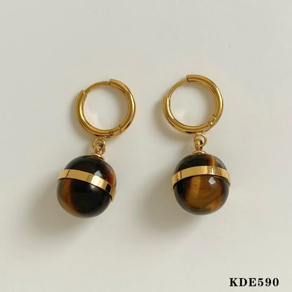 1 Pair IG Style Modern Style Round Plating Inlay 304 Stainless Steel Tiger Eye 16K Gold Plated White Gold Plated Gold Plated Drop Earrings