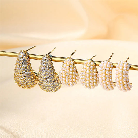 1 Pair IG Style Princess C Shape Water Droplets Inlay Copper Artificial Pearls Zircon 18K Gold Plated Ear Studs