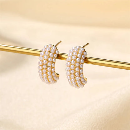 1 Pair IG Style Princess C Shape Water Droplets Inlay Copper Artificial Pearls Zircon 18K Gold Plated Ear Studs