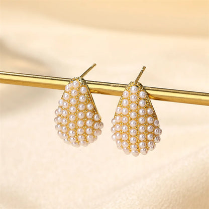 1 Pair IG Style Princess C Shape Water Droplets Inlay Copper Artificial Pearls Zircon 18K Gold Plated Ear Studs