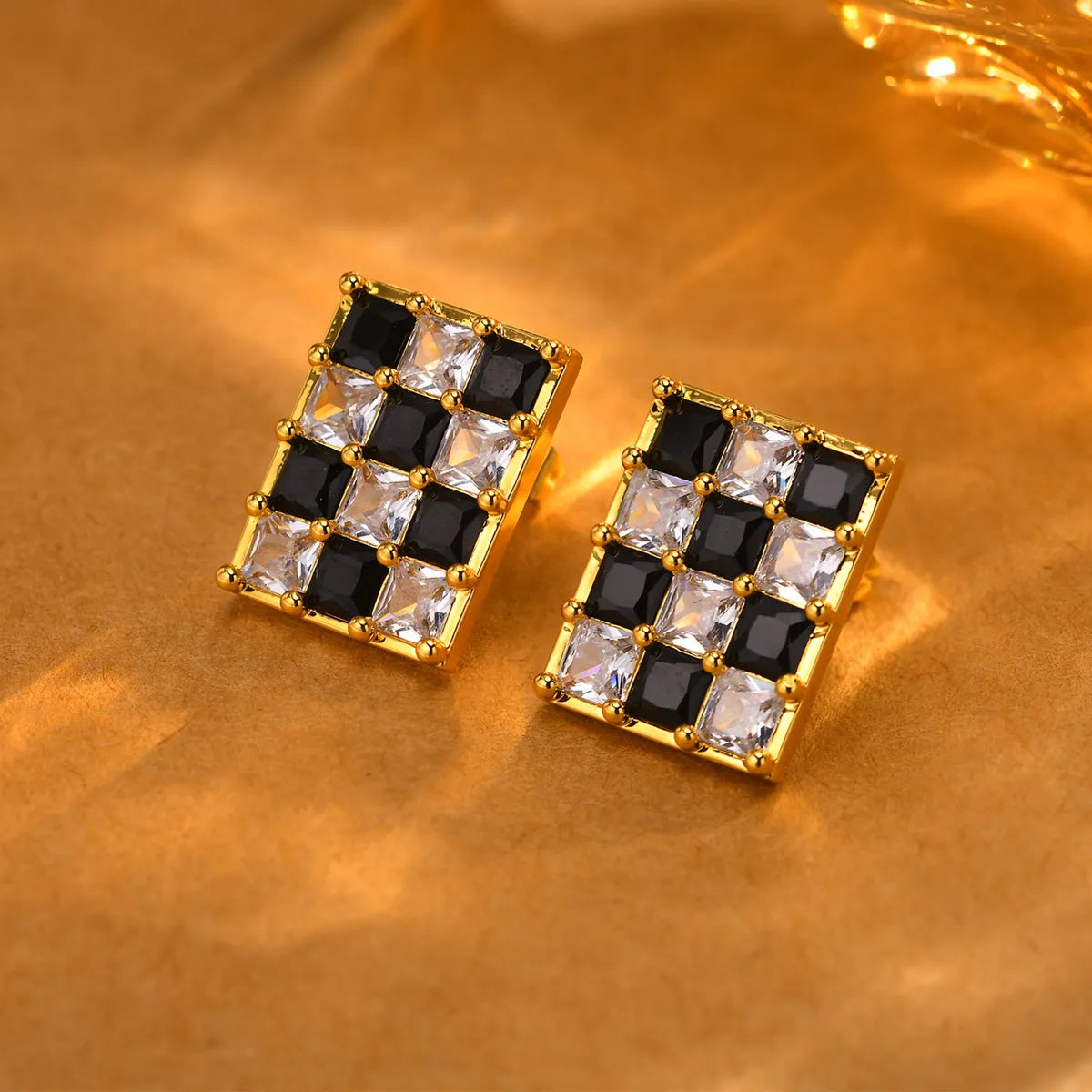 1 Pair IG Style Rectangle Inlay Copper Zircon 18K Gold Plated Ear Studs