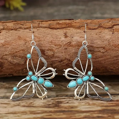 1 Pair IG Style Retro Butterfly Hollow Out Inlay Alloy Turquoise Gold Plated Drop Earrings