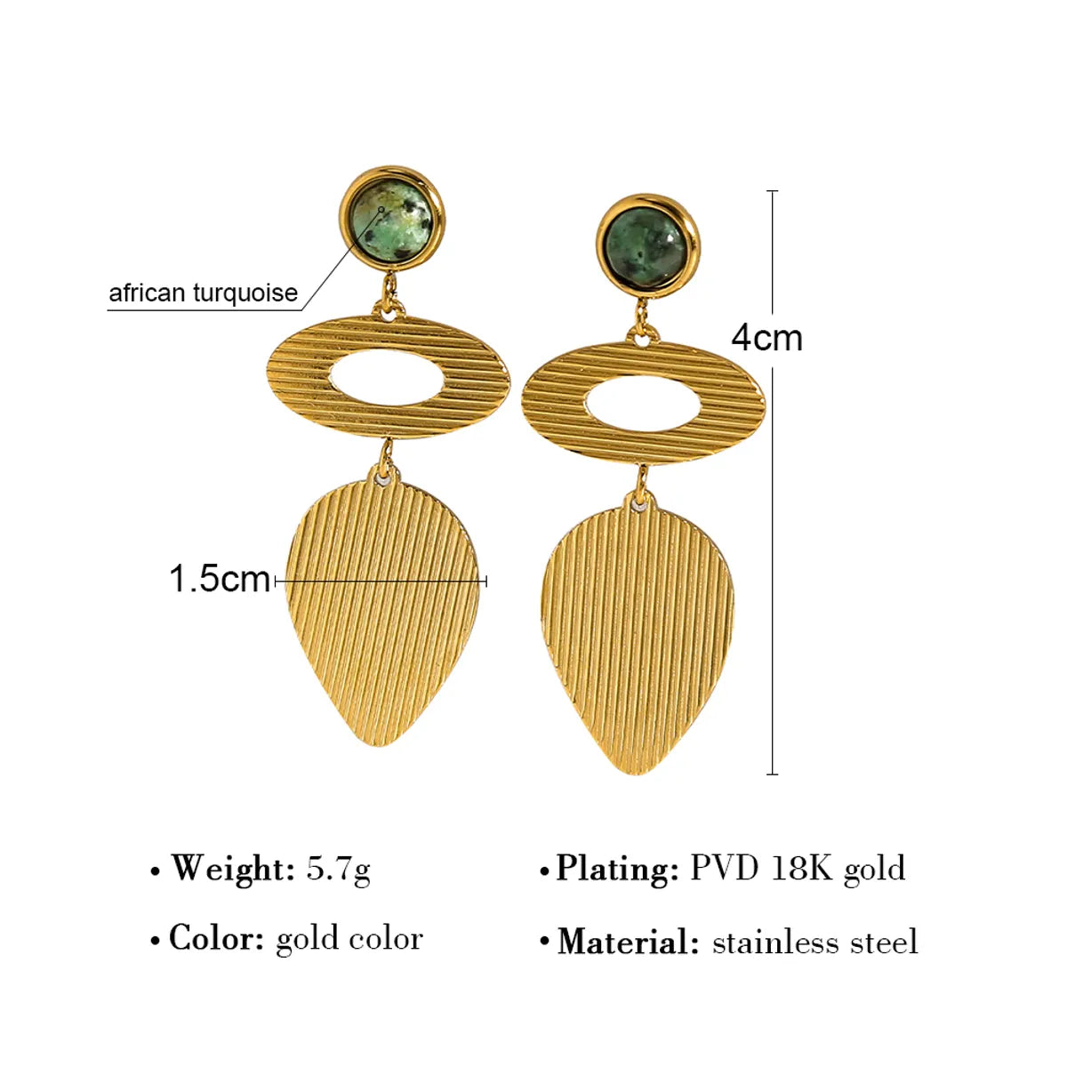 1 Pair Ig Style Retro French Style Irregular Stripe Plating Inlay Stainless Steel Natural Stone 18k Gold Plated Drop Earrings