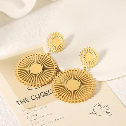 1 Pair Ig Style Retro Geometric Circle Gear Plating Hollow Out Stainless Steel 18k Gold Plated Drop Earrings