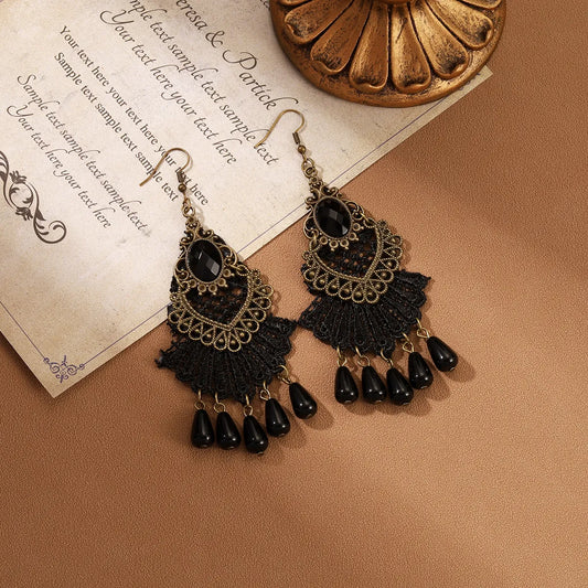 1 Pair IG Style Retro Geometric Tassel Hollow Out Inlay Alloy Lace Glass Drop Earrings